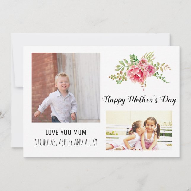 Modern pink flowers Mother's Day floral photo Card (Front)