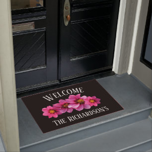 Modern Pink Flowers On Black Personalised Doormat