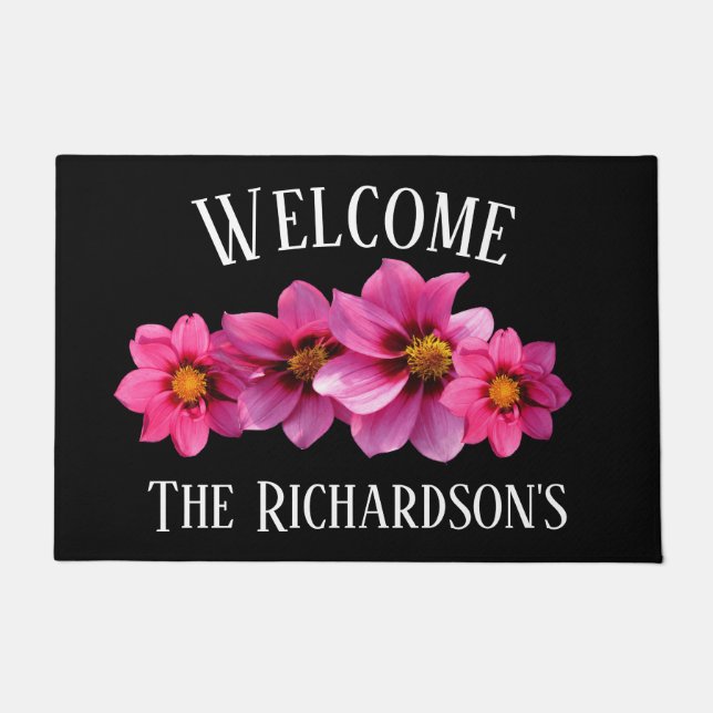 Modern Pink Flowers On Black Personalised Doormat (Front)