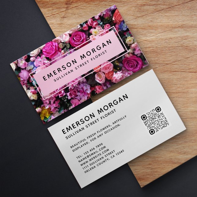 Modern Pink Flowers QR Code Florist Business Card (Creator Uploaded)