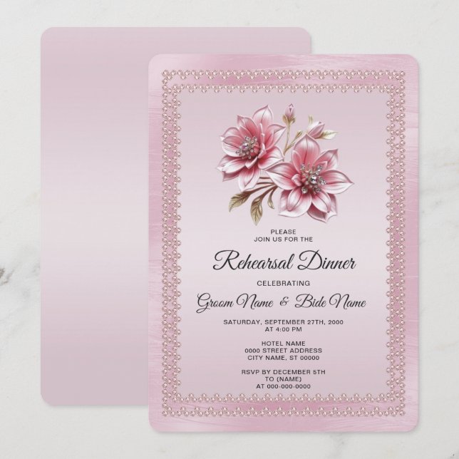 Modern Pink Flowers Rehearsal Dinner Invitation (Front/Back)