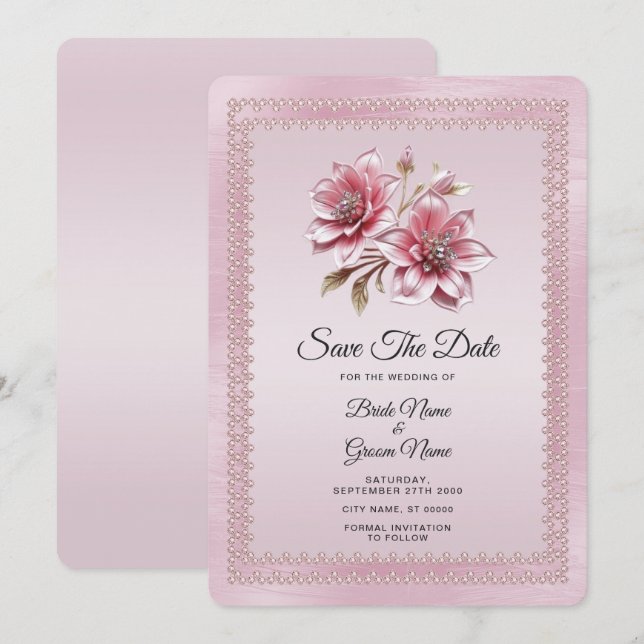 Modern Pink Flowers Save The Date (Front/Back)