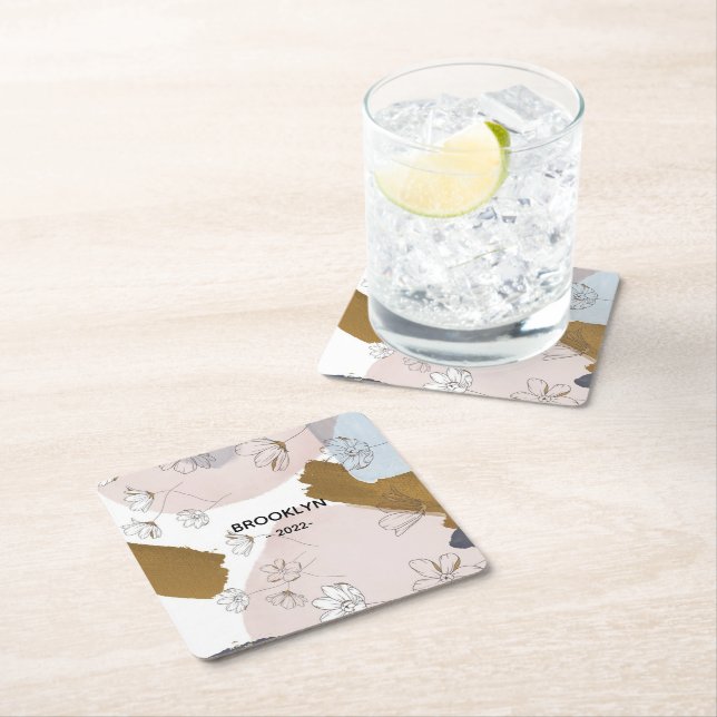 Modern Pink Flowers  Square Paper Coaster (Insitu)