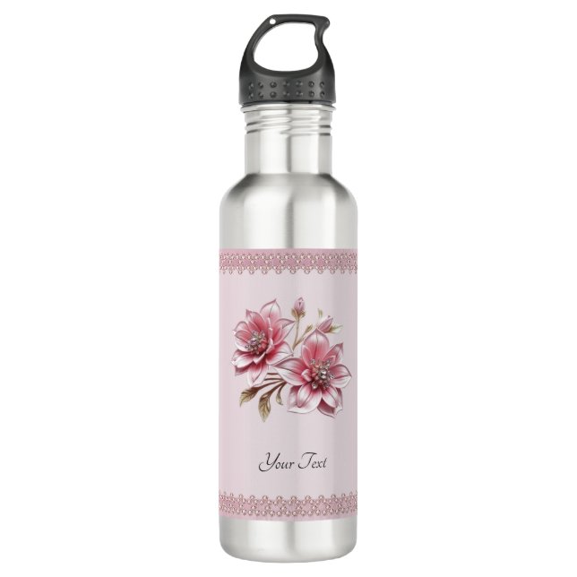 Modern Pink Flowers Water Bottle (Front)