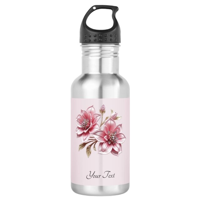 Modern Pink Flowers Water Bottle (Front)