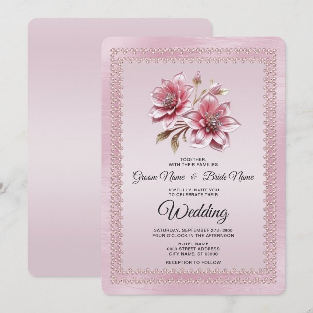 Modern Pink Flowers Wedding Invitation (Front/Back)