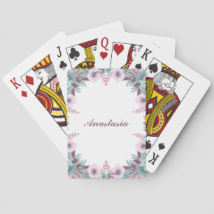 Modern Pink Flowers with name Playing Cards