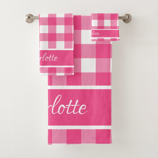 Modern Pink French Rose White Buffalo Checks Bath Towel Set (Insitu)