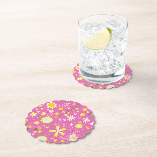 Modern Pink Fresh Flowers Botanical Paper Coaster (Insitu)