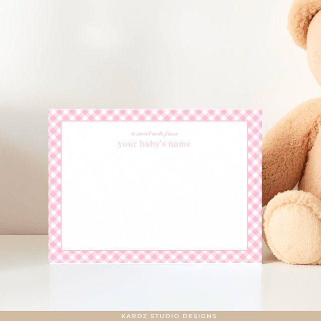 Modern Pink Gingham Baby Nursery Note Card (Baby note card shown in 3.5 x 2.5 inches. Add baby girl name and choose paper and corner style.)