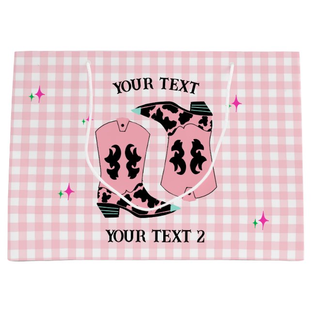 Modern Pink Gingham Cowgirl Boots Rodeo  Large Gift Bag (Front)