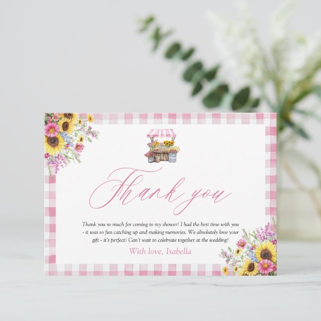 Modern Pink Gingham Fresh Off The Market Thank you Card (Standing Front)