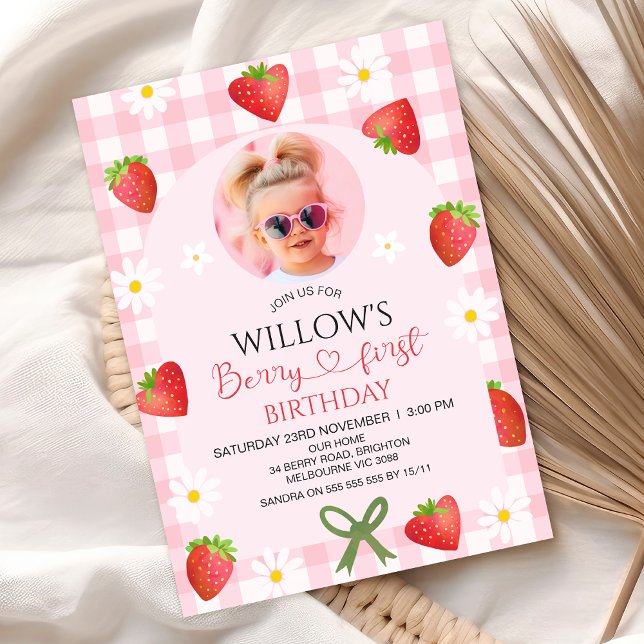Modern Pink Gingham Heart Berry First Birthday Invitation (Berry First Birthday Invitation, Berry First Birthday Invite, Strawberry Themed First Birthday Girl)