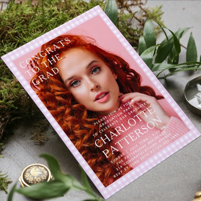 Modern Pink Gingham Photo Graduation Party Invitation (Creator Uploaded)