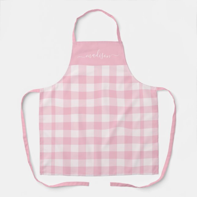 Modern pink gingham script name apron (Front)