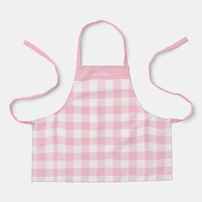 Modern pink gingham script name apron (Front)