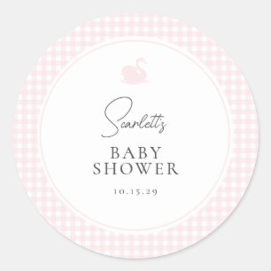 Modern Pink Gingham Swan Baby Shower  Classic Round Sticker