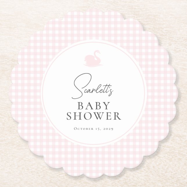 Modern Pink Gingham Swan Baby Shower Coaster  (Front)