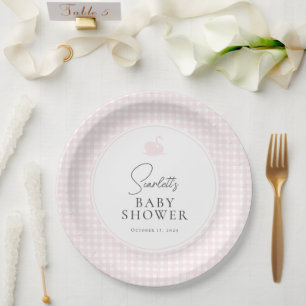 Modern Pink Gingham Swan Baby Shower  Paper Plate