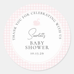 Modern Pink Gingham Swan Baby Shower Thank You  Classic Round Sticker