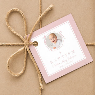 Modern Pink Girl Baptism Photo Favour Tags