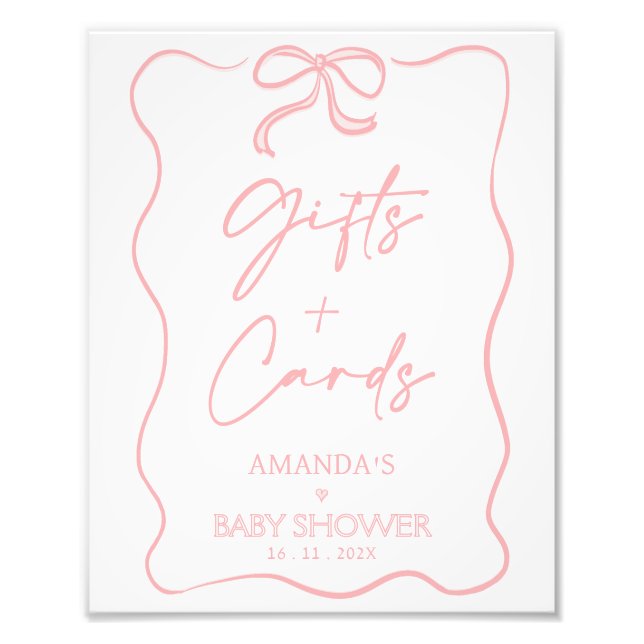 Modern Pink Girl Bow Baby Shower Gifts Cards Sign (Front)