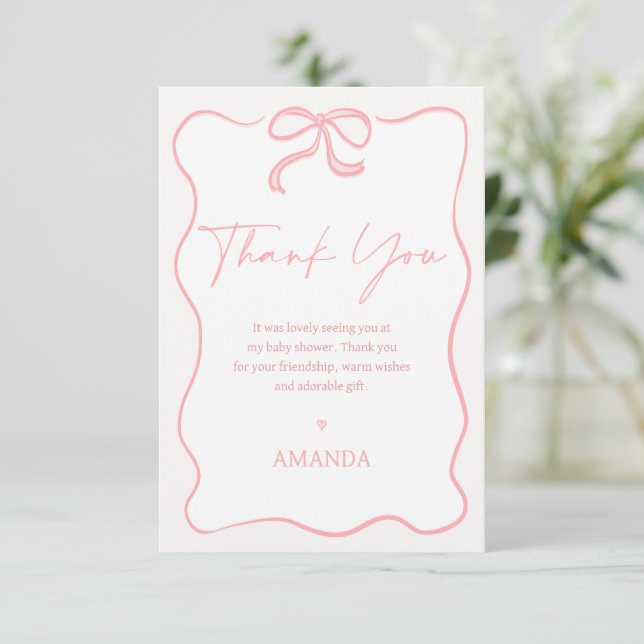 Modern Pink Girl Bow Baby Shower Thank You Card (Standing Front)