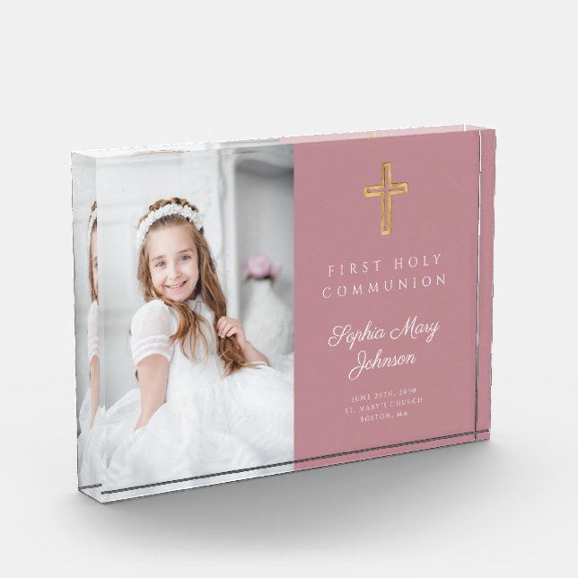  Modern Pink Girl First Communion Picture Photo Block (Left)