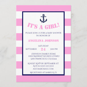 Modern Pink Girl Nautical Baby Shower Invitations