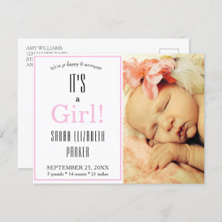 Modern Pink Girl Photo Birth Announcement Postcard