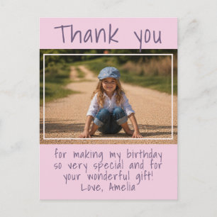 Modern Pink Girl Photo Birthday Thank you Postcard