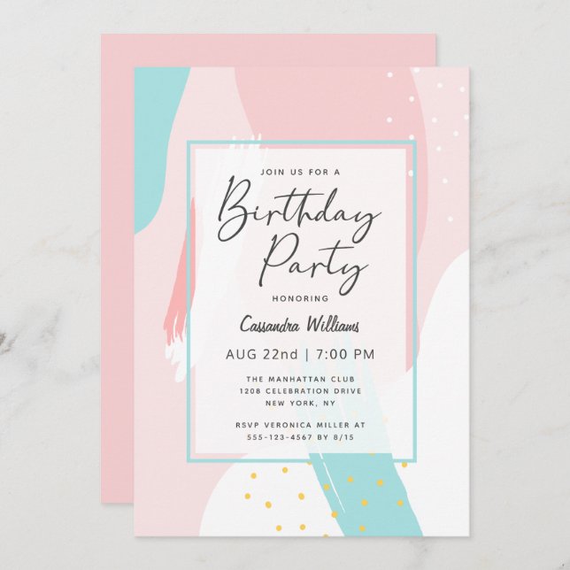 Modern Pink Girly Abstract Birthday Party for Her Invitation (Front/Back)