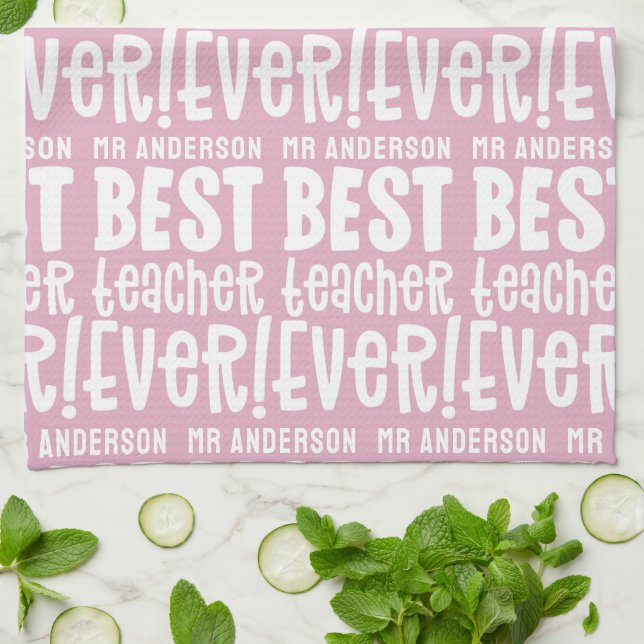 Modern pink girly best teacher typography gift tea towel (Folded)