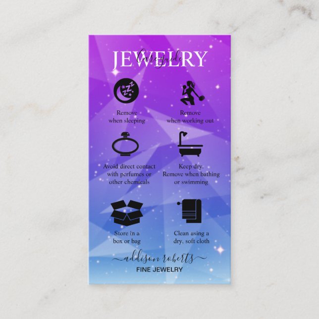 Modern Pink Girly Gradient Jewellery Care   Business Card (Front)