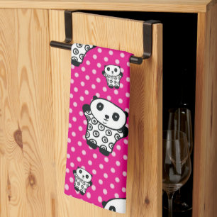 Modern Pink Girly Kawaii Cute Panda Bear Tea Towel
