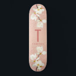 Modern pink girly monogram personalised magnolia skateboard<br><div class="desc">Modern pink girly glitter monogram personalised magnolia floral minimal stylish typography design.</div>