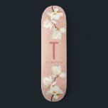 Modern pink girly monogram personalised magnolia skateboard<br><div class="desc">Modern pink girly glitter monogram personalised magnolia floral minimal stylish typography design.</div>