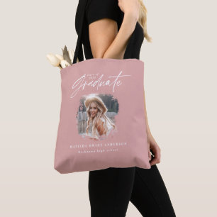Modern pink girly script photo elegant graduation tote bag
