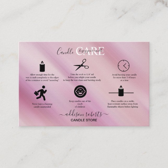 Modern Pink Glam Iridescent Sparkle Candle Care Bu Business Card (Front)
