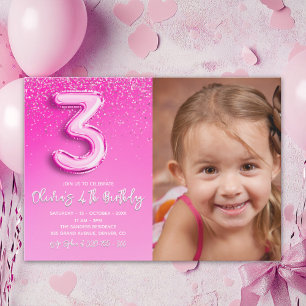 Modern Pink Glitter Balloon 3rd Birthday Photo Invitation
