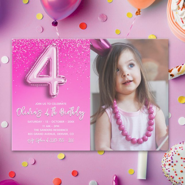 Modern Pink Glitter Balloon 4th Birthday Photo  Invitation (Creator Uploaded)