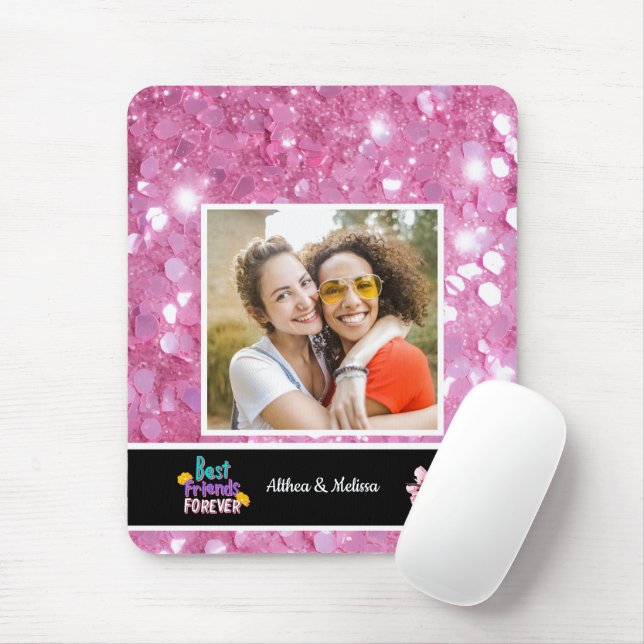 Modern Pink Glitter Best Friend Customisable  Mouse Mat (With Mouse)