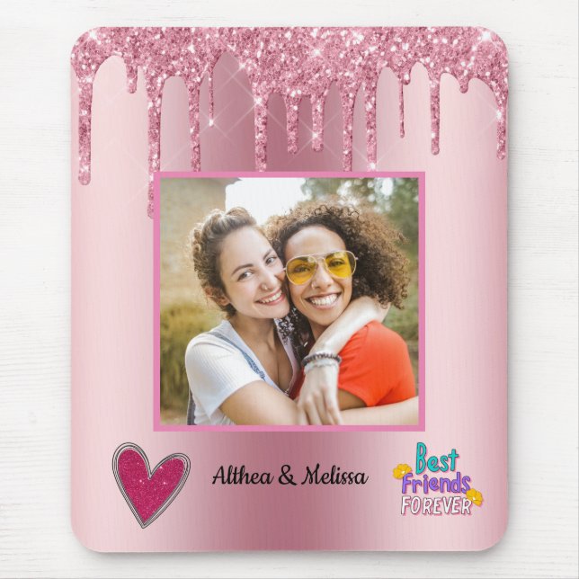 Modern Pink Glitter Besties Customisable  Mouse Mat (Front)
