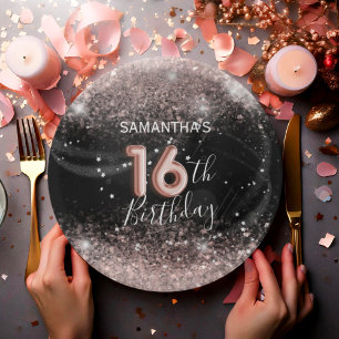 Modern Pink Glitter & Black 16th Birthday  Paper Plate