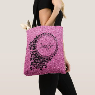 Modern Pink Glitter Black Floral Personalised Tote Bag