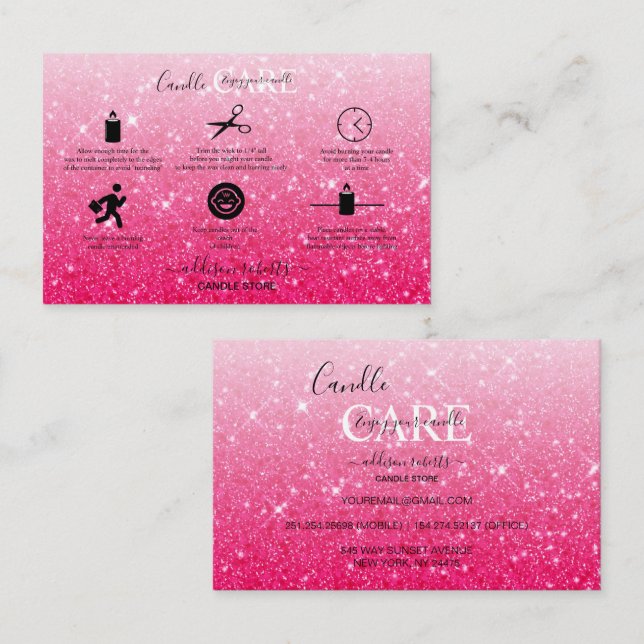 Modern Pink Glitter Candle Care   Business Card (Front/Back)