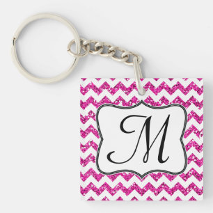 Modern Pink Glitter Chevron Zig Zag Key Chain