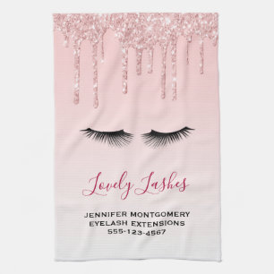 Modern Pink Glitter Drips & Black Eyelashes Biz Tea Towel