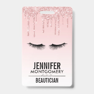 Modern Pink Glitter Drips & Black Eyelashes ID Badge