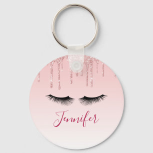 Modern Pink Glitter Drips & Black Eyelashes Key Ring